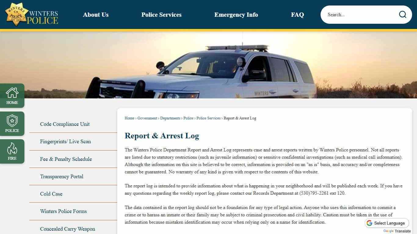 Report & Arrest Log | Winters, CA